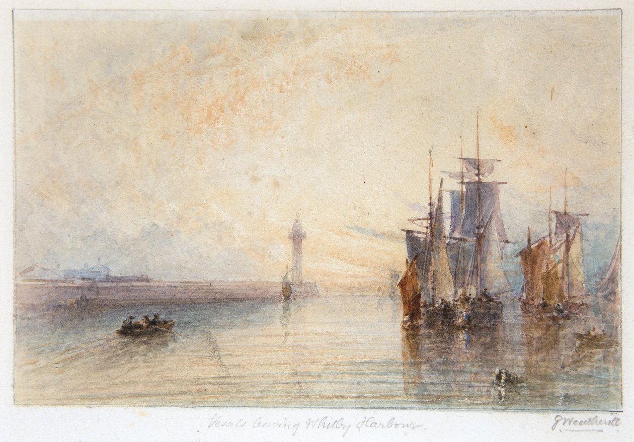 Lodě opouštějící přístav Whitby (akvarel) od George Weatherill