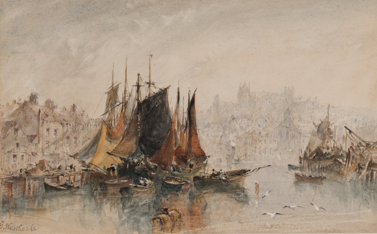Whitby Harbour (inkoust a wc na papíře) od George Weatherill