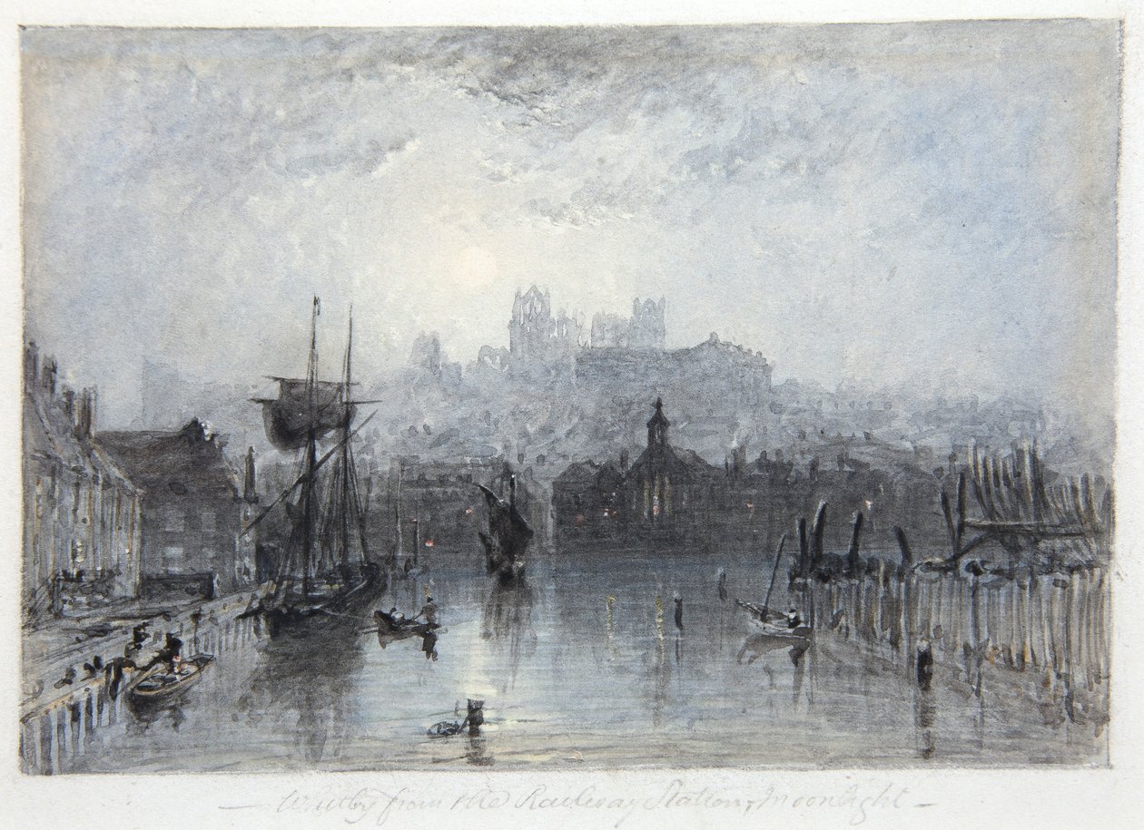 Whitby z nádraží; měsíční svit (akvarel) od George Weatherill