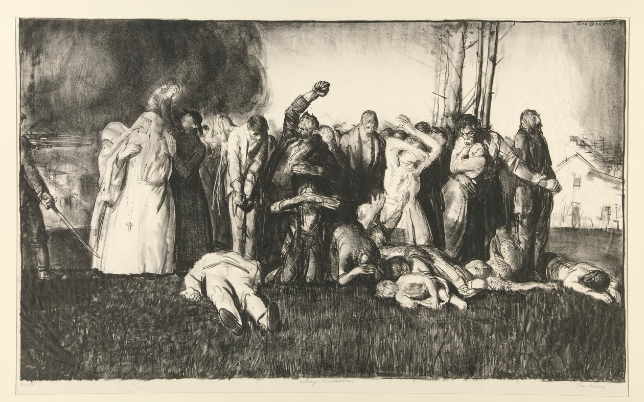 Vesnický masakr nebo masakr u Dinant ze série WAR od George Wesley Bellows