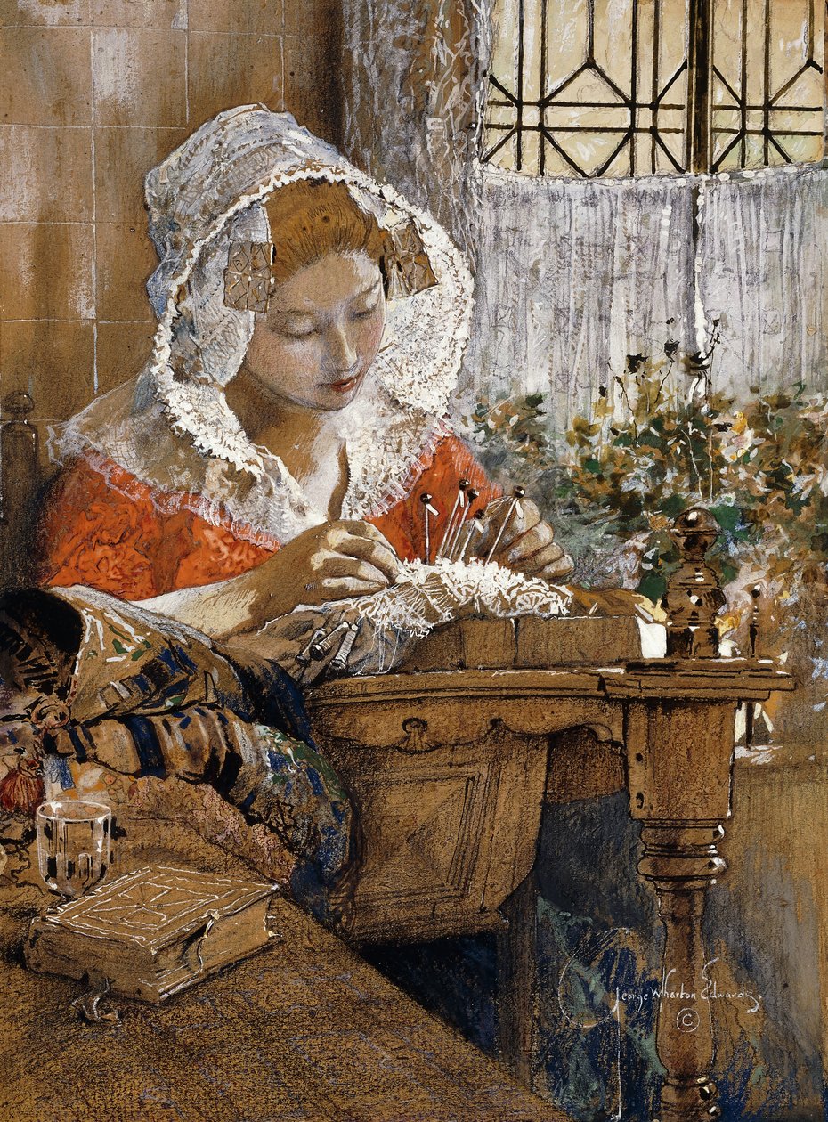 Vlámský krajkář, kolem roku 1925 (kvaš, pastel a tužka na hnědém papíře) od George Wharton Edwards