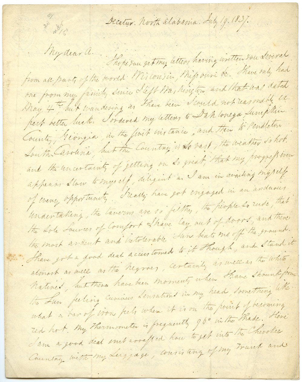 Neúplný dopis [G.W. Featherstonhaugh], Decatur, NC, plukovníkovi Abertovi [John James Abert], 19. července 1837 od George William Featherstonhaugh