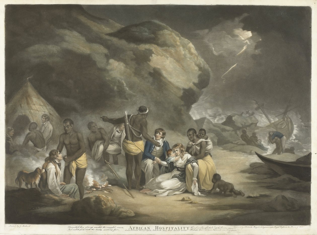 African Hospitality, pub.1791 (ručně kolorovaná rytina) od George after Morland