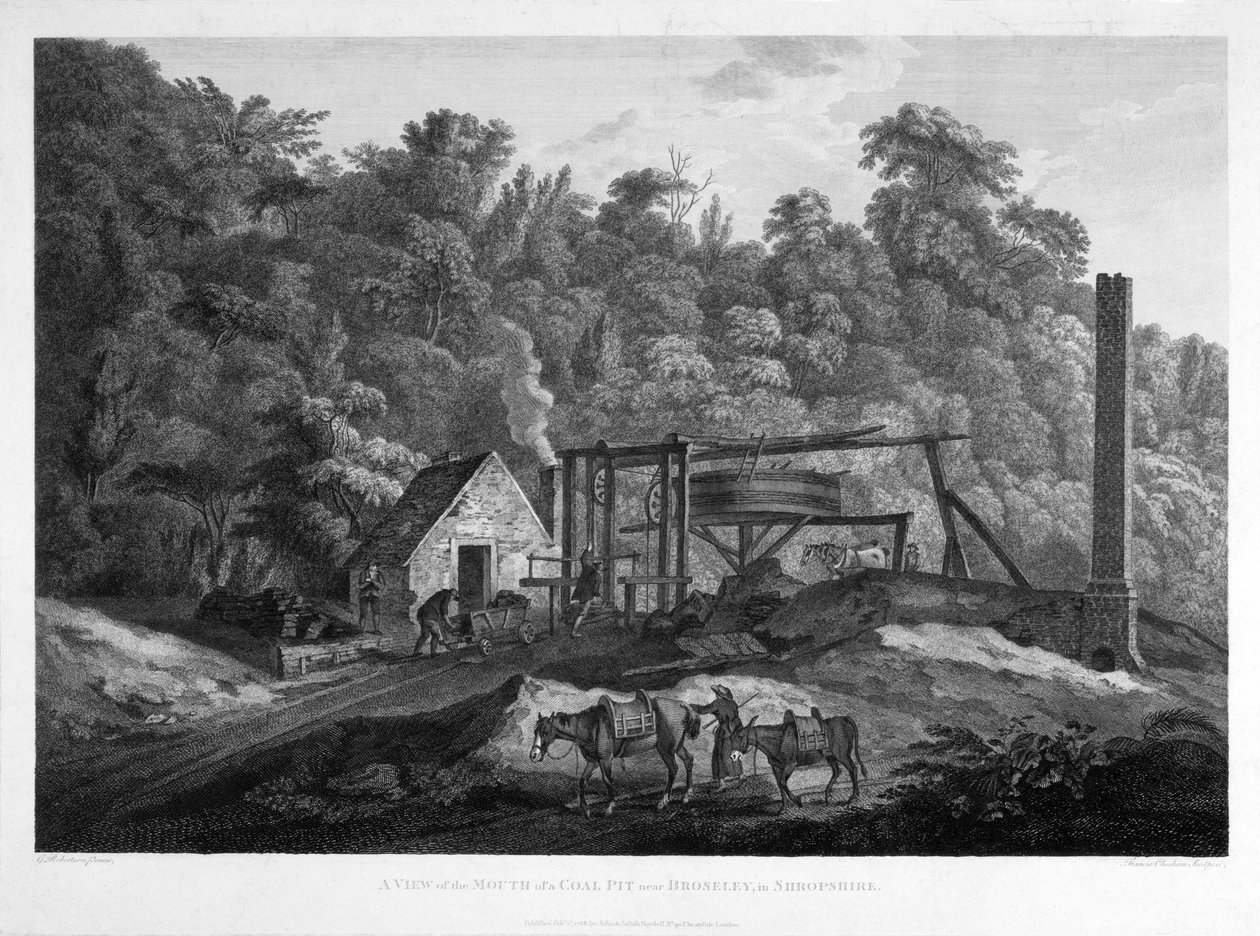 Pohled na ústí uhelné jámy poblíž Broseley v Shropshire, vyrytý Francis Chesham (1749-1806) 1788 od George after Robertson