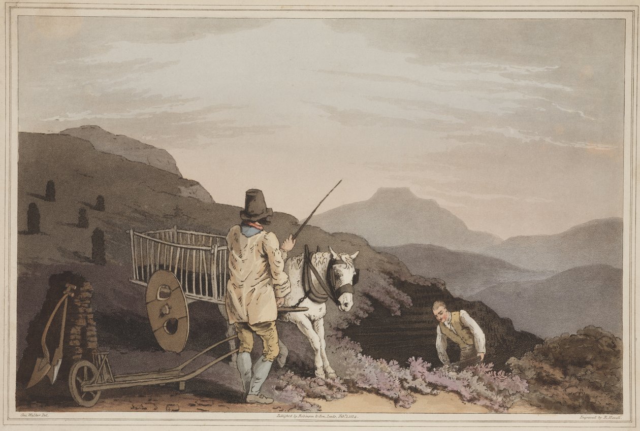 Rašelinový vozík z The Costume of Yorkshire, vyrytý Robertem Havellem, 1814 (ručně kolorovaná akvatinta) od George after Walker