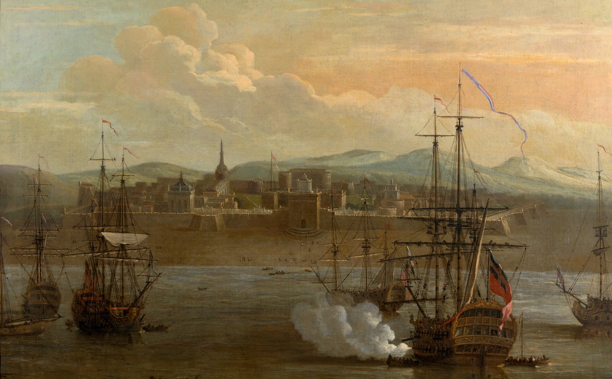 Obraz Fort St George v Madras, Indie. V roce 1731. Vojenská pevnost a přístav s loděmi. Lodní dělo se střílí. Kouř. Bitva. od George and Scott Samuel (1710 72) Lambert