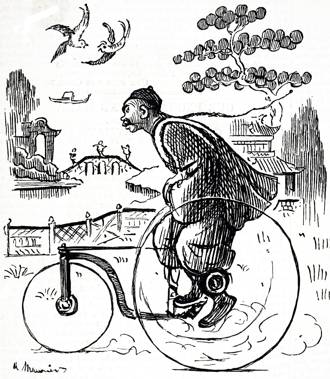 Karikatura zobrazující Číňana, jak jezdí na tříkolce parkem v Číně. Ilustrovaný George du Maurier (1834-1896), francouzsko-britský karikaturista a autor od George du Maurier