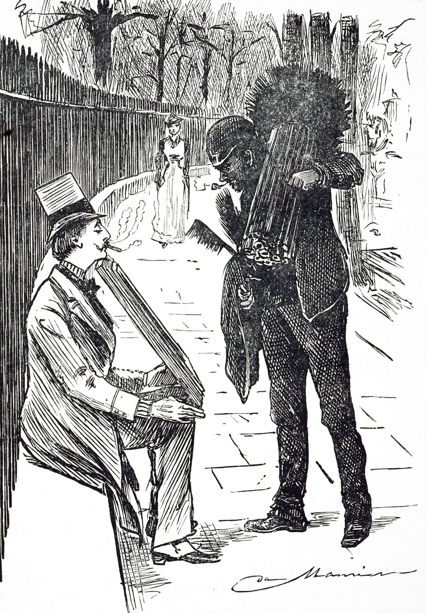 Karikatura zachycující kominíka, jak nosí své kartáče ulicemi Londýna. Ilustroval George du Maurier (1834-1896), francouzsko-britský karikaturista a spisovatel od George du Maurier