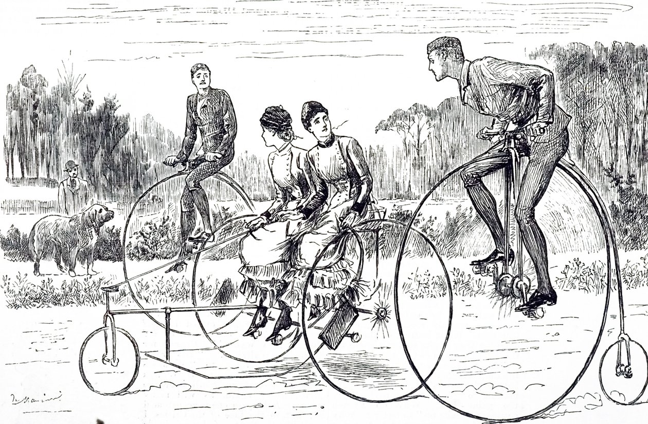 Karikatura zobrazující skupinu mladých lidí na tříkolkách. Ilustrovaný George du Maurier (1834-1896), francouzsko-britský karikaturista a autor od George du Maurier