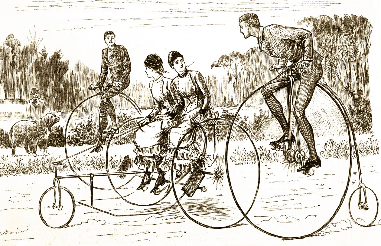 Karikatura zobrazující skupinu mladých lidí na tříkolkách. Ilustrovaný George du Maurier (1834-1896), francouzsko-britský karikaturista a autor od George du Maurier