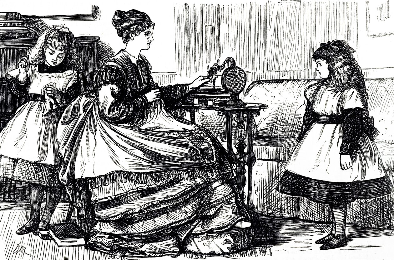 Karikatura zobrazující mladou matku pomocí šicího stroje. Ilustroval George du Maurier (1834-1896), francouzsko-britský karikaturista a spisovatel od George du Maurier