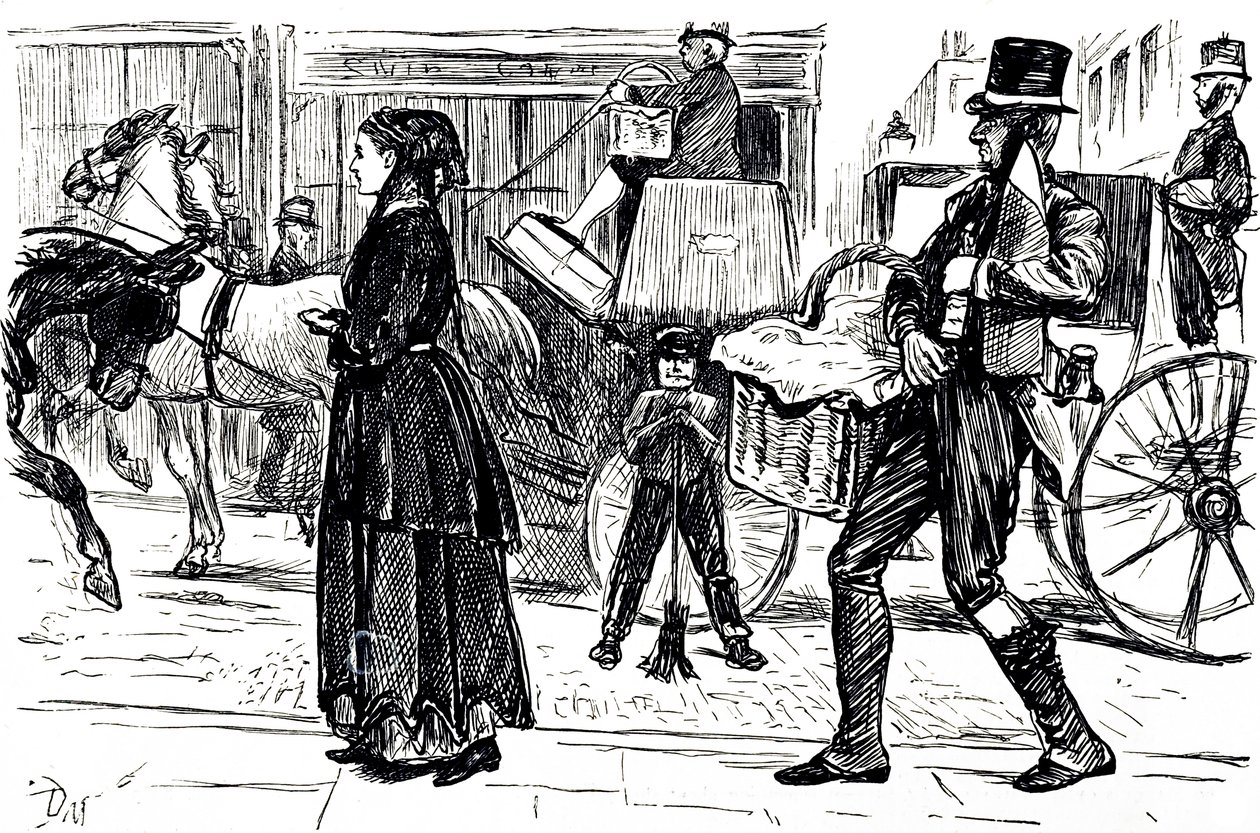 Karikatura zobrazující počátky družstevních obchodů. Ilustroval George du Maurier (1834-1896), francouzsko-britský karikaturista a spisovatel od George du Maurier