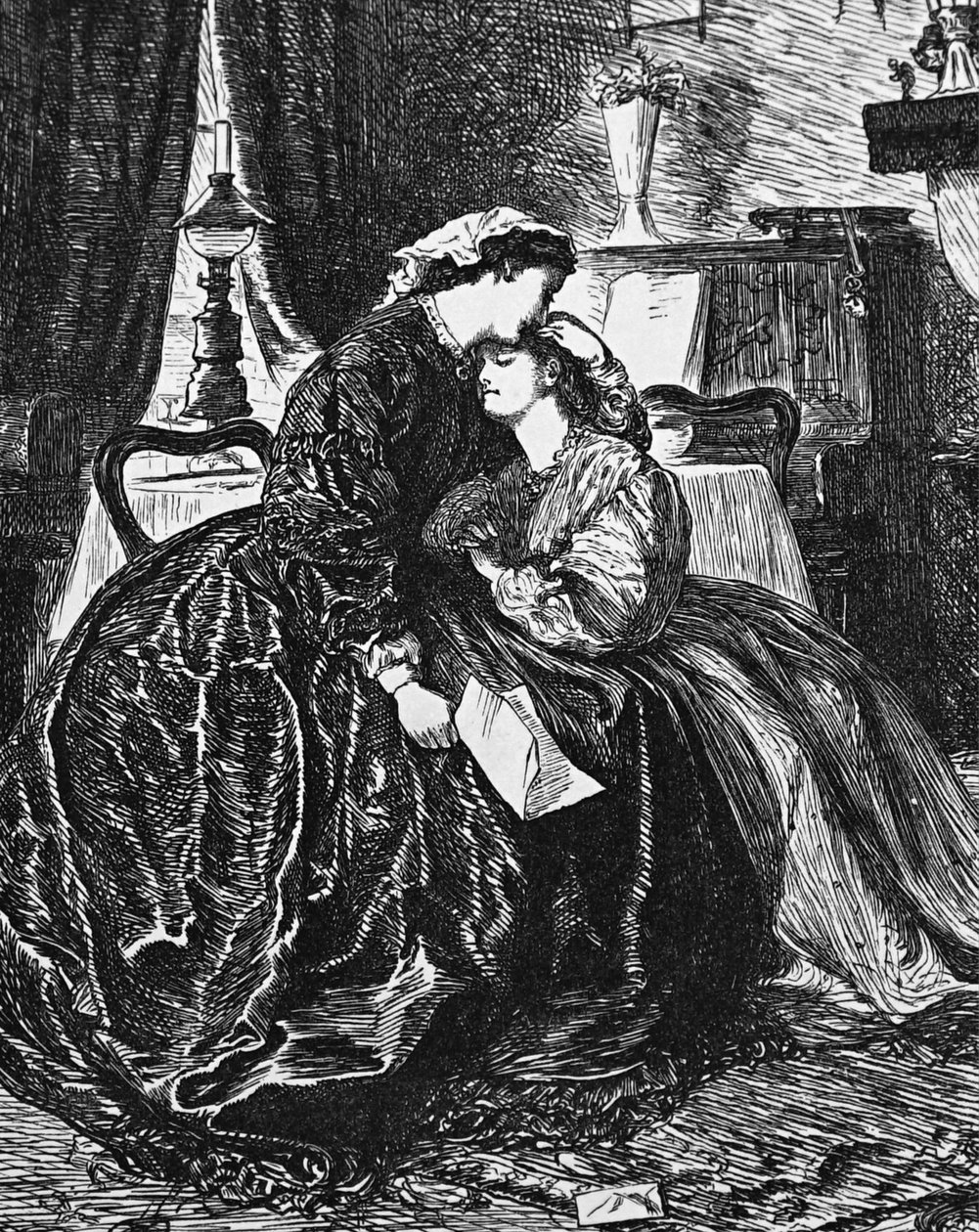Matka a dcera přijímající zprávy o vážné nemoci manžela/otce od George du Maurier