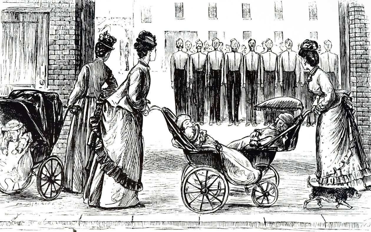 Rytina znázorňující chůvy převážející děti na procházkách. Ilustroval George du Maurier (1834-1896), francouzsko-britský karikaturista a spisovatel od George du Maurier