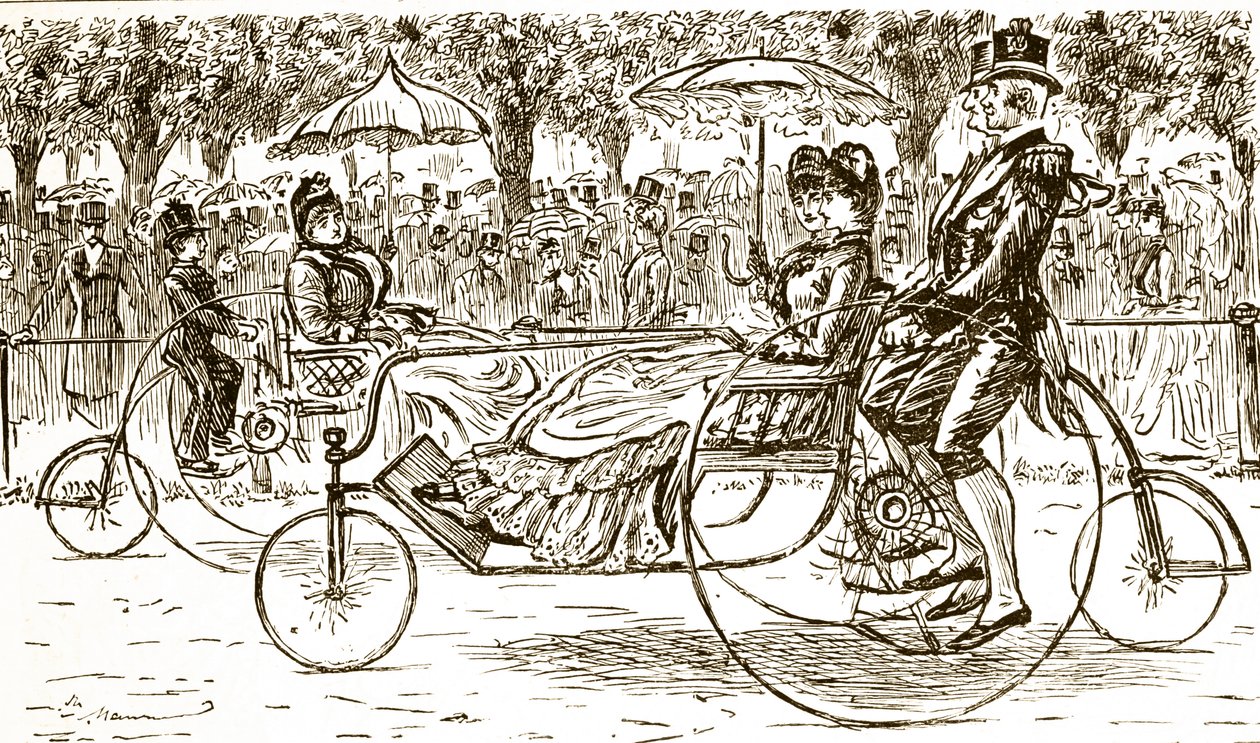 Rytina zobrazující cestující jedoucí v kočárech pro jízdní kola. Ilustroval George du Maurier (1834-1896), francouzsko-britský karikaturista a spisovatel od George du Maurier