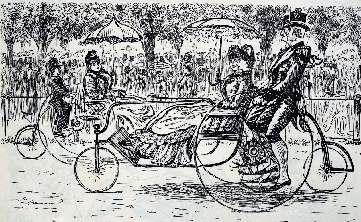 Rytina zobrazující cestující jedoucí v kočárech pro jízdní kola. Ilustroval George du Maurier (1834-1896), francouzsko-britský karikaturista a spisovatel od George du Maurier