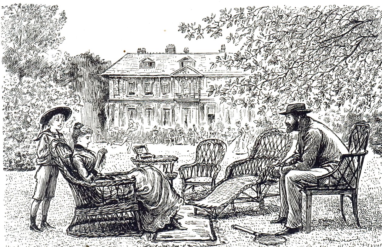 Rytina zobrazující typický proutěný nábytek. Ilustroval George du Maurier (1834-1896), francouzsko-britský karikaturista a spisovatel od George du Maurier
