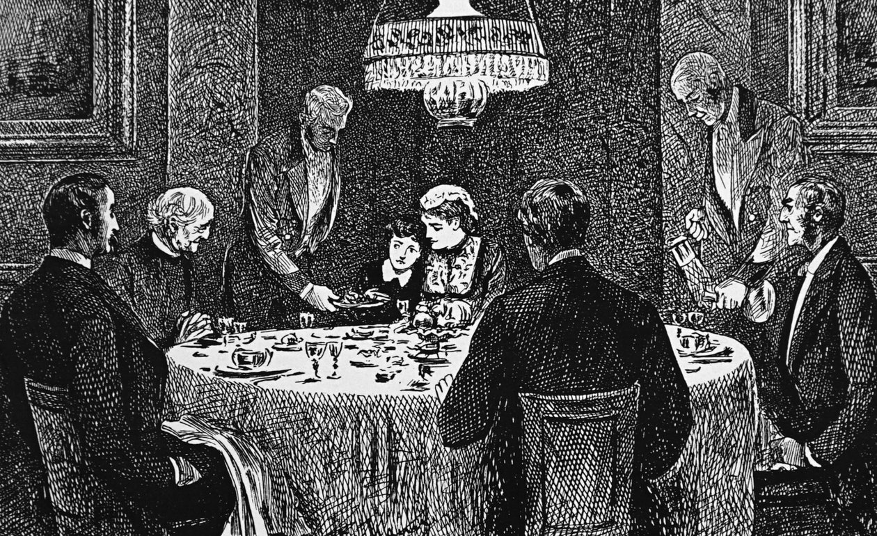 Rodina z vyšší třídy u stolu od George du Maurier