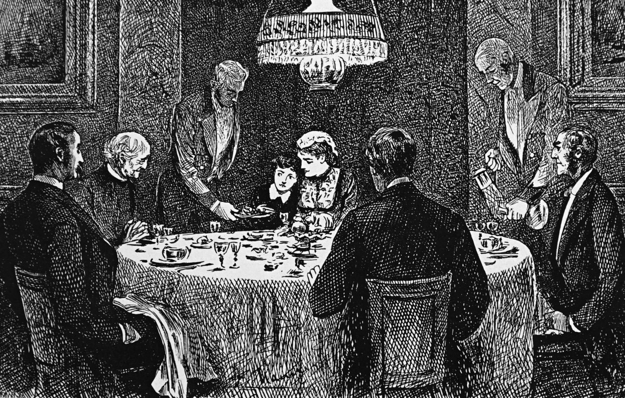 Rodina z vyšší třídy u stolu od George du Maurier