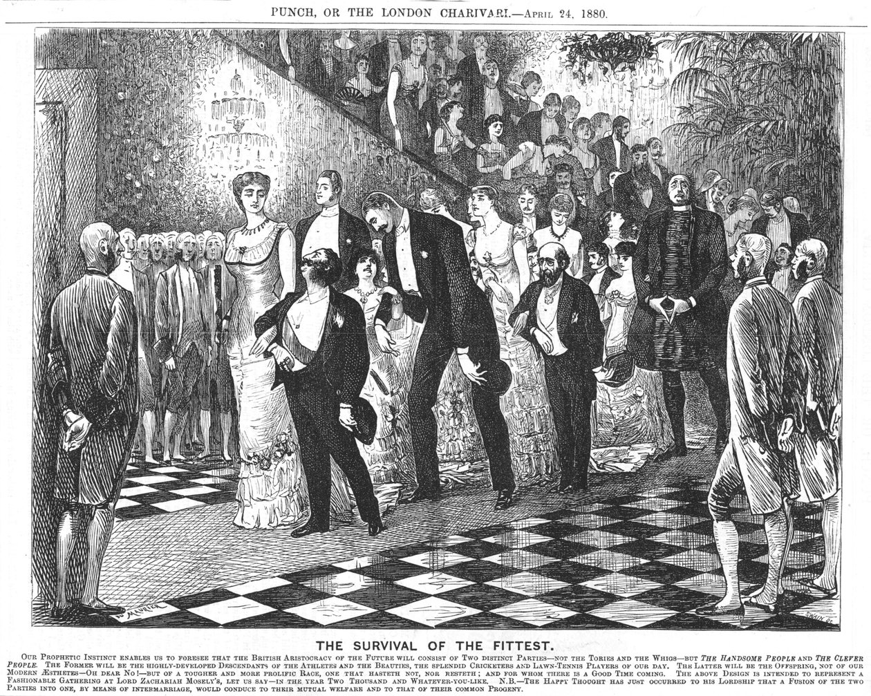 Aplikace darwinismu ve dvacátém století. George du Maurier, 24. dubna 1880 (karikatura z Punch, Londýn) od George du Maurier