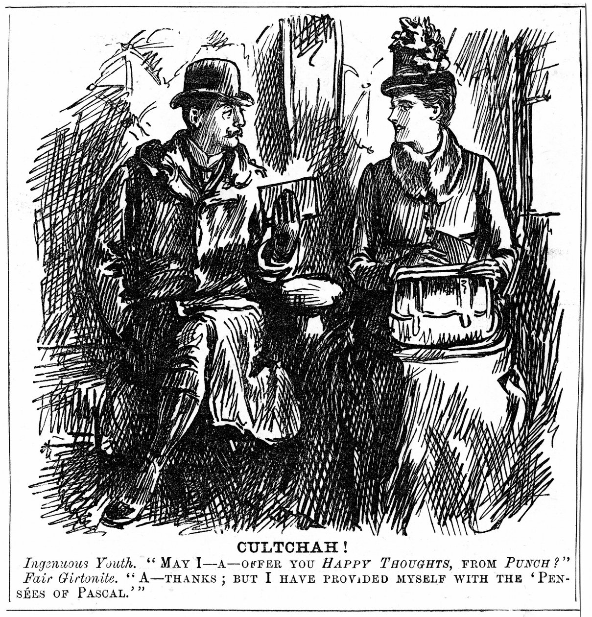 Přínos vysokoškolského vzdělání pro ženy. Karikatura George du Maurier z Punch London 8. prosince 1887. Mladý muž v železničním vagónu nabízí absolventovi Girtonu v Cambridge lehké čtení na cestu. Elegantně odmítne, jak ji vybavila od George du Maurier