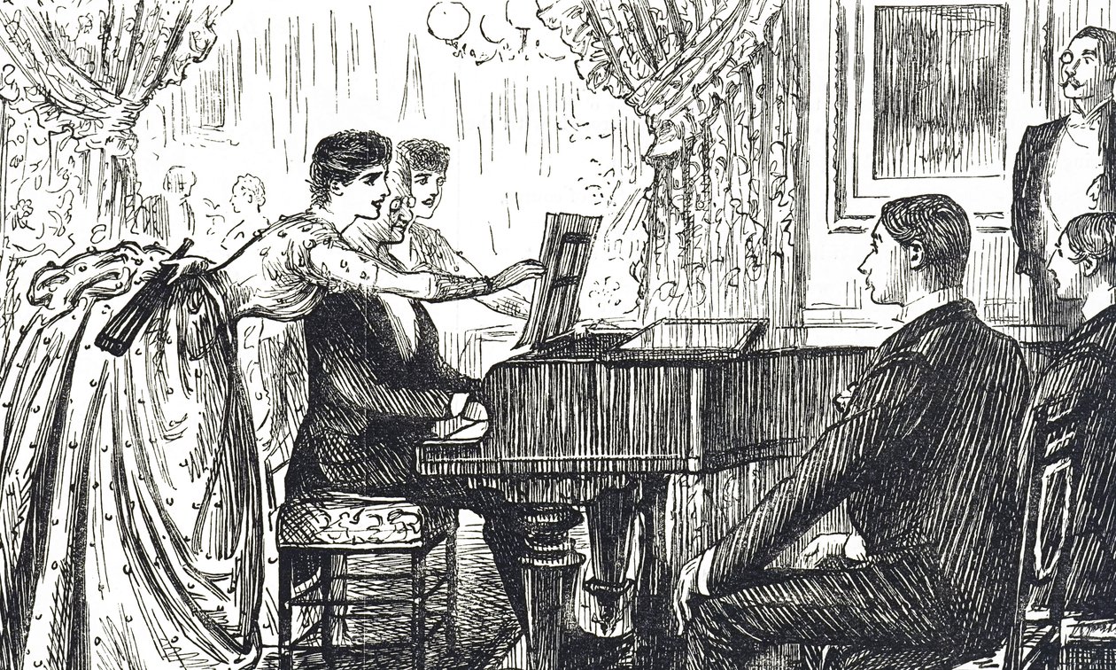 Kreslený film zobrazující hudební večer doma od George du Maurier