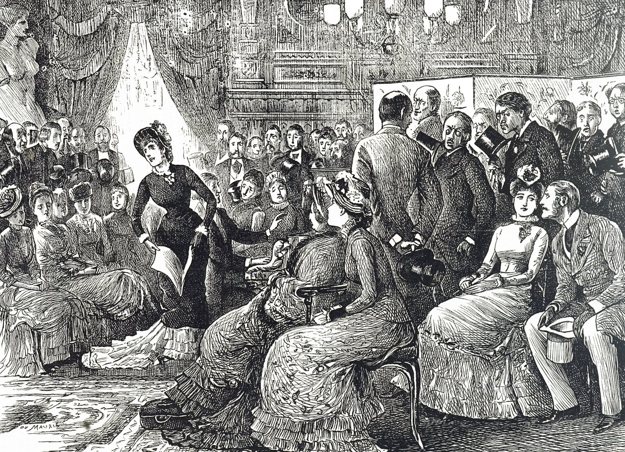 Kreslený film zobrazující typický koncert v salonu od George du Maurier