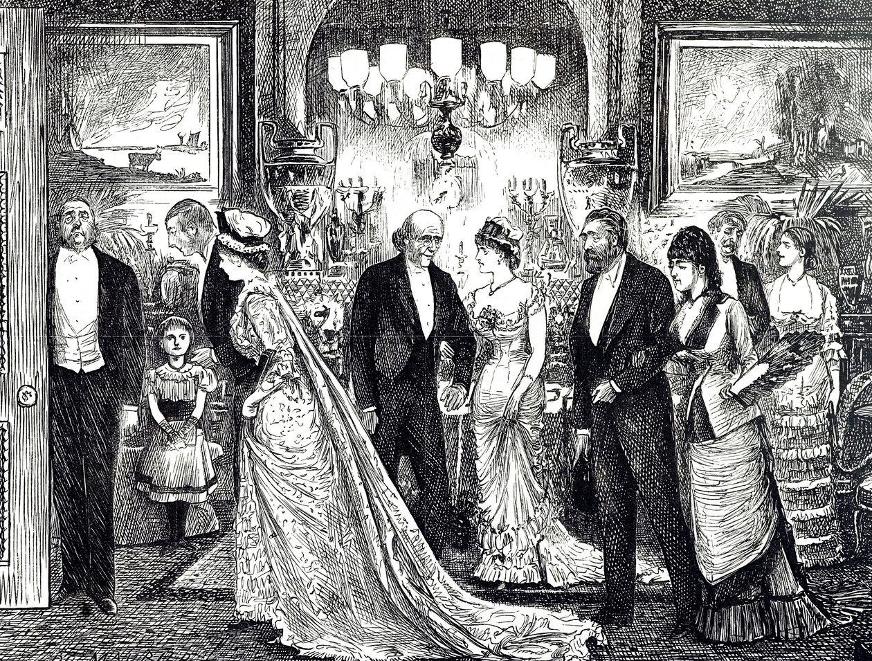 Kreslený film zobrazující elegantní večírek ve viktoriánském domě od George du Maurier