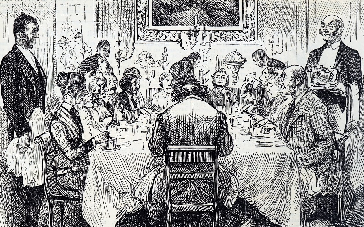 Kreslený film zobrazující elegantní večírek ve viktoriánském domě od George du Maurier