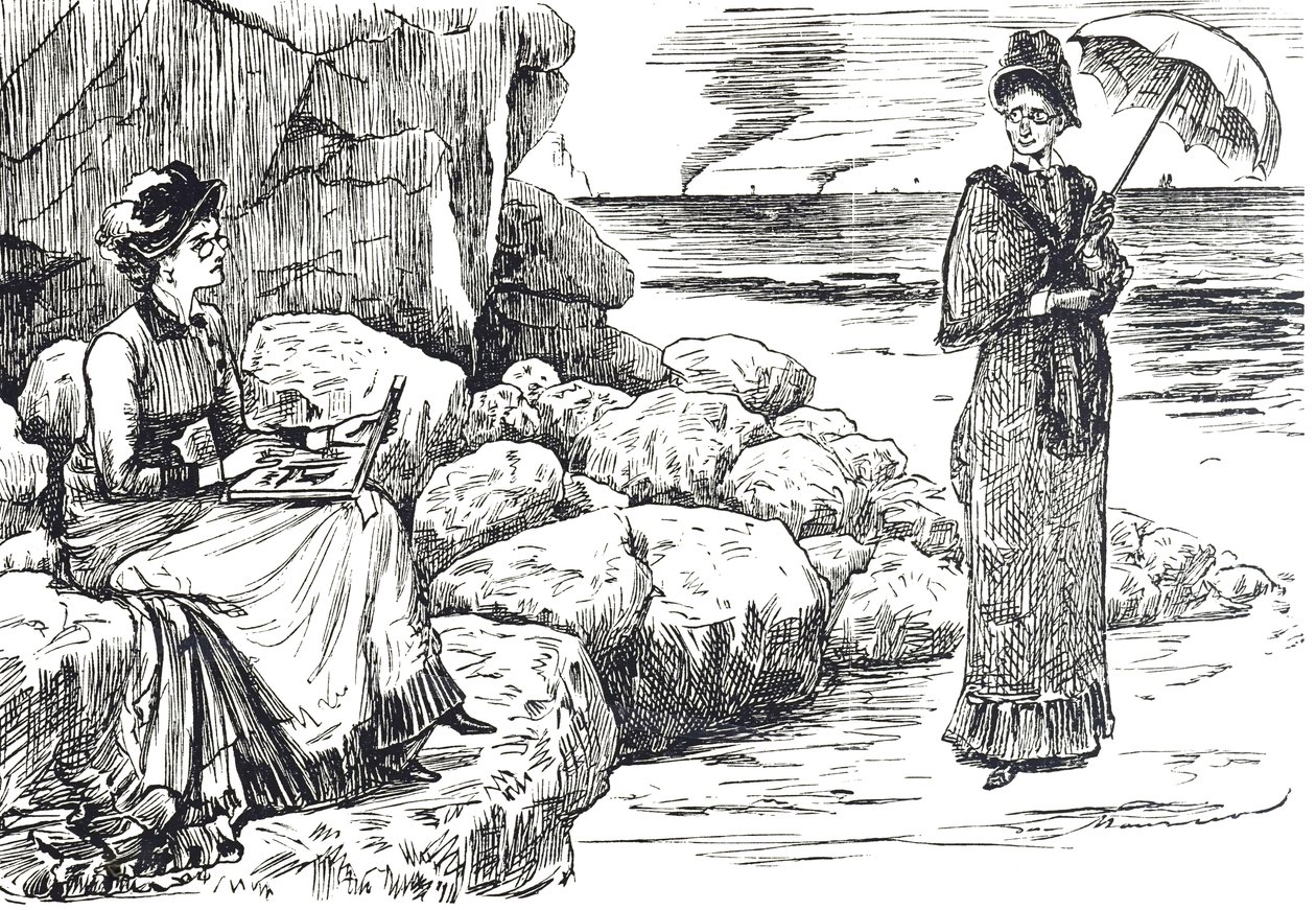 Karikatura zobrazující ženy nosící pinzetové brýle od George du Maurier