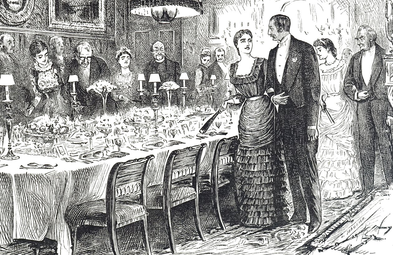 Kreslený film s názvem „Going into Dinner“ zobrazující mladý pár vcházející do jídelny od George du Maurier
