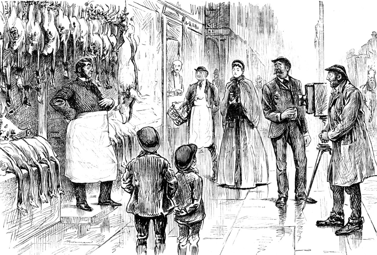 Rytina zobrazující řezníka a drůbežáře fotografovaného před jeho vánoční expozicí od George du Maurier. George du Maurier (1834-1896) francouzsko-britský karikaturista a spisovatel. Datováno 19. století ©UIG/Leemage od George du Maurier