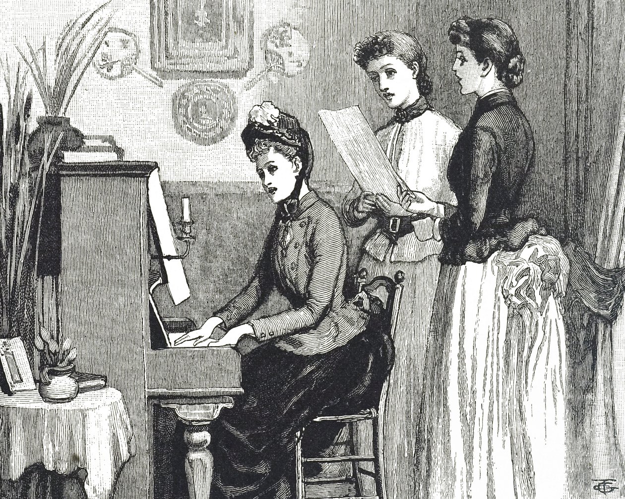 Rytina zobrazující mladé dámy zpívající v salonu od George du Maurier