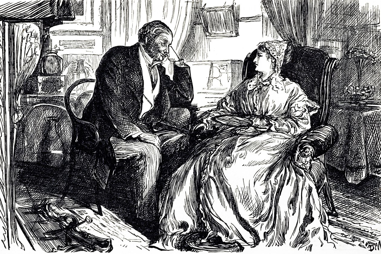 Kreslený film Georges du Maurier znázorňující rozhovor muže a ženy o uklidňujících účincích oleje z tresčích jater. Anglie 1869 od George du Maurier