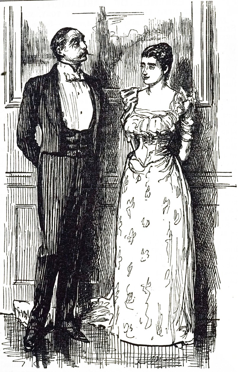 Karikatura Georges du Maurier ilustrující muže a ženu v rozhovoru na společenské akci, Anglie 1891 od George du Maurier
