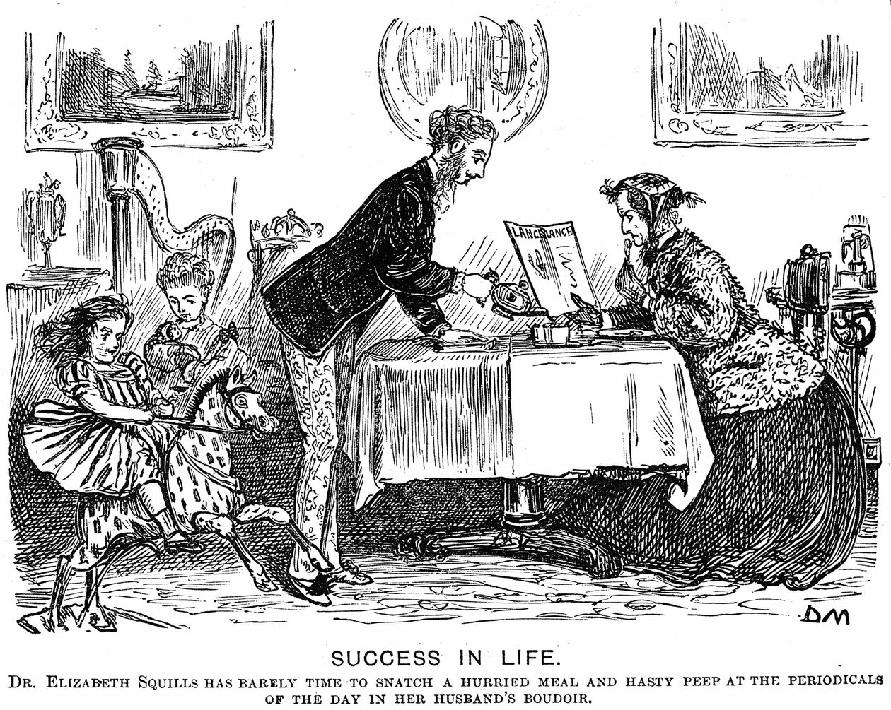 Úspěch v životě: Obrácení rolí a moderní profesionální žena. Karikatura George du Mauriera pro Punch Almanack pro rok 1867. V roce 1865 získala Elizabeth Garrett Anderson (1836-1917) licenci k praxi od Society of Apothecaries. od George du Maurier