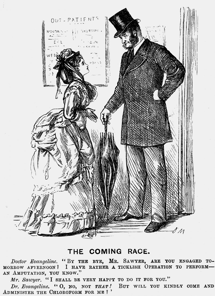Přicházející závod. Chirurg budoucnosti. Karikatura George du Mauriera z Punch London 14. září 1872 ukazující povýšenecký přístup, který ženy v lékařské profesi mohou očekávat od mužských kolegů. Rytina. od George du Maurier
