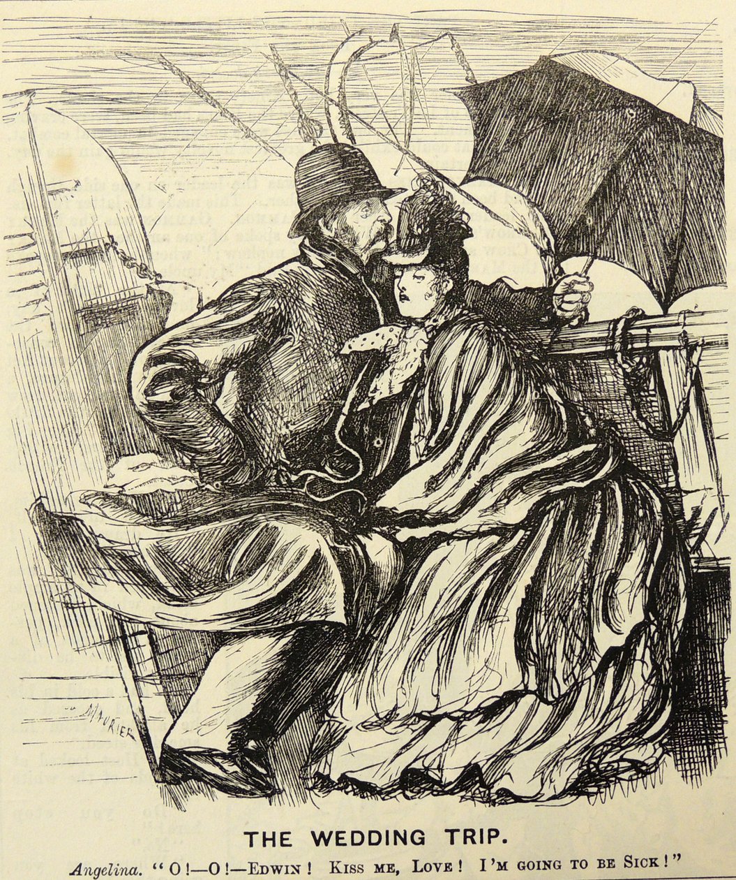 Svatební cesta: Líbánky pár trpící mořskou nemocí při překračování kanálu La Manche. Karikatura George du Maurier z 