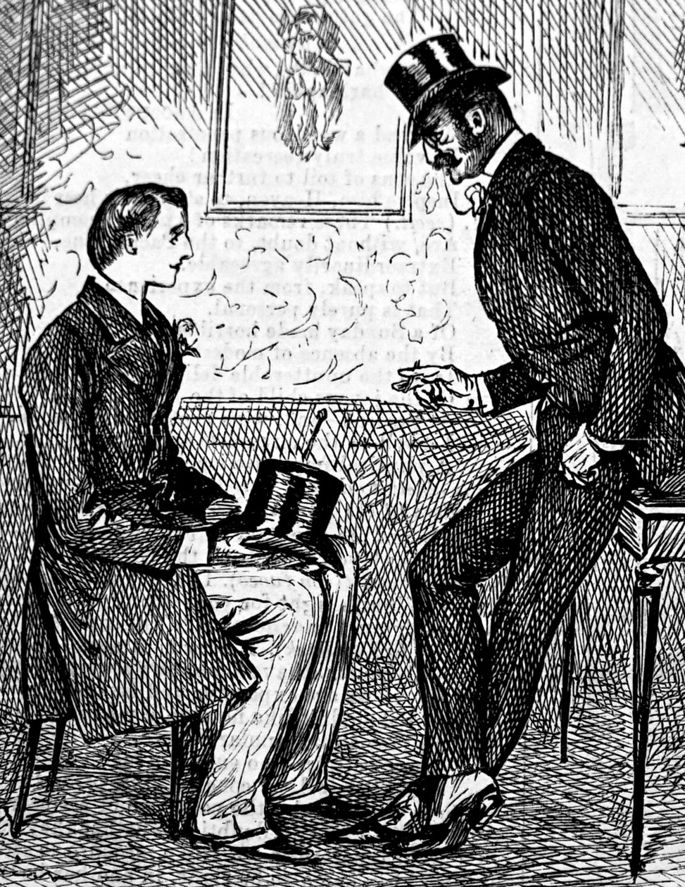 Dva pánové kouří doutník a povídají si po večeři od George du Maurier