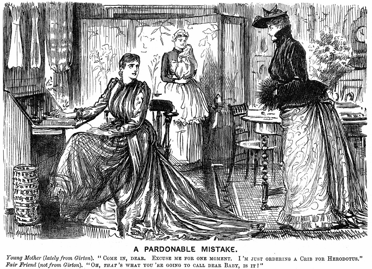 Univerzitní vzdělání pro ženy činí jejich konverzaci matoucí pro jejich méně vzdělané přátele. George du Maurier karikatura z Punch London 7. prosince 1889. Rytina od George du Maurier