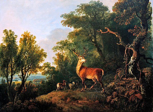 Jelen a tři laně v zalesněné krajině (olej na desce) od George the Elder Barret