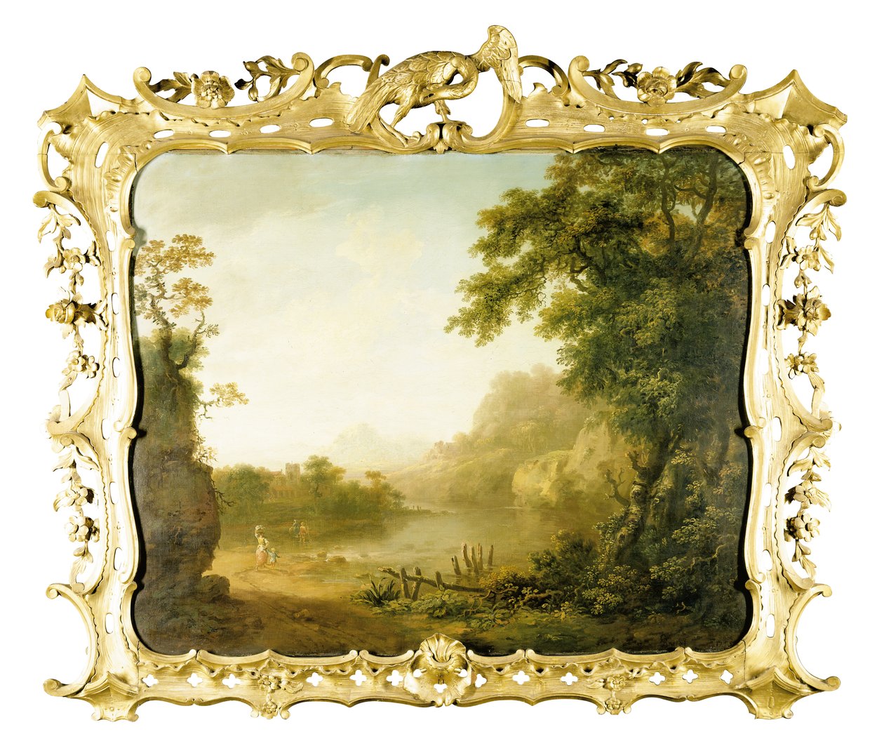 Italská zalesněná říční krajina s postavami v popředí a vesnicí za ní, 1755 od George the Elder Barret