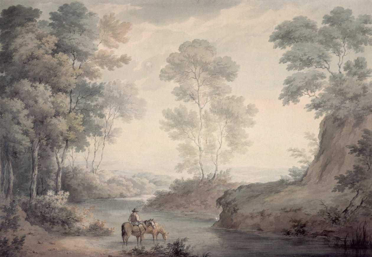 Krajina s řekou a zaléváním koní od George the Elder Barret