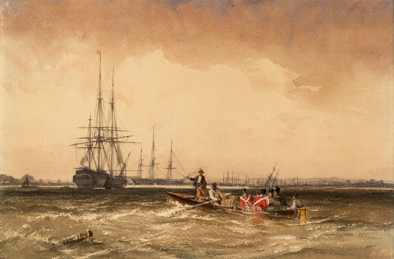 Na Medwayi (Námořní pěchota vyjíždí na loď Indiaman, Northfleet) od George the Elder Chambers