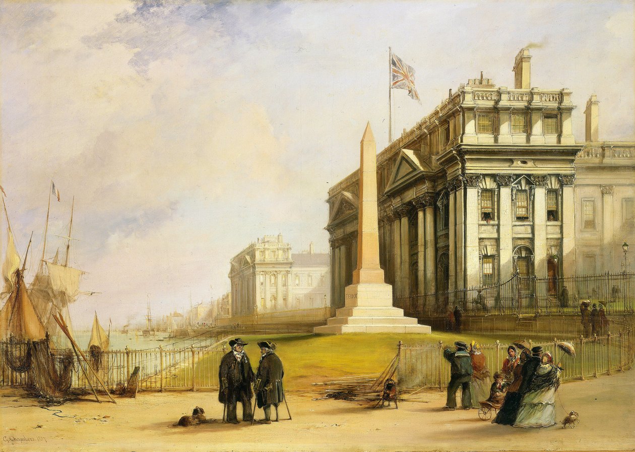 Bellotův obelisk u Greenwichské nemocnice v Londýně (Anglie), památník na památku francouzského poručíka Josepha René Bellota, který zemřel v roce 1853 při pátrání po ztracené výpravě Johna Franklina (1756-1847) do Arktidy. od George the Elder Chambers