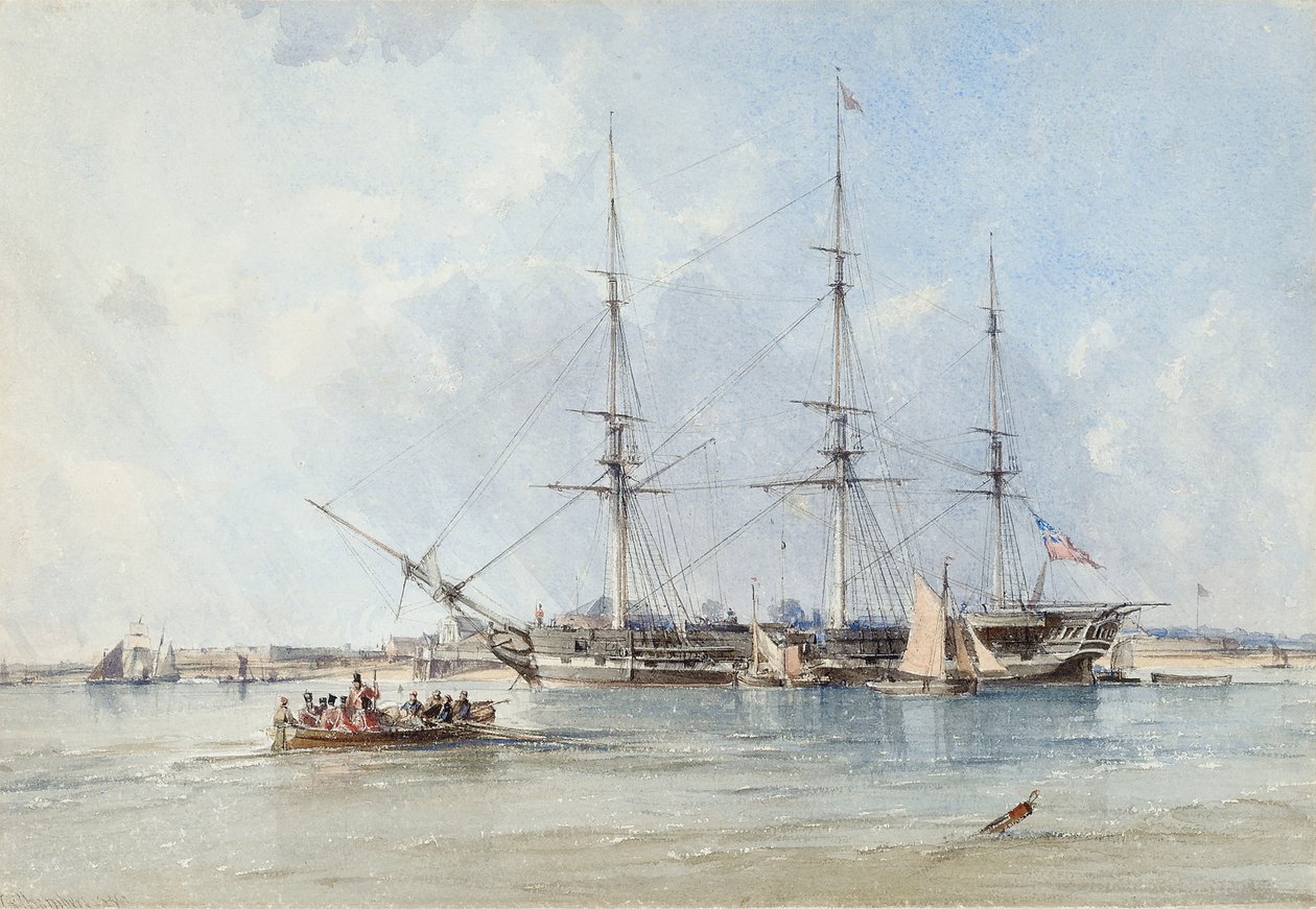 Blackwallská fregata Seringapatam kotvící u Tilbury Fort od George the Elder Chambers