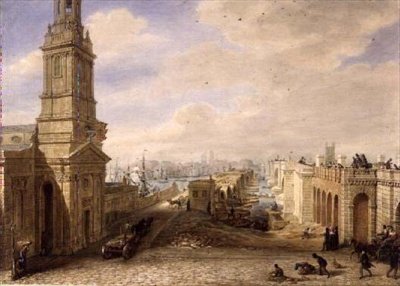 Old London Bridge s výstavbou nového mostu vedle něj od George the Elder Scharf