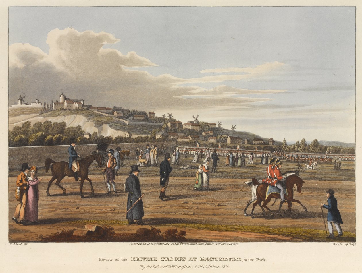 Přehled britských jednotek na Montmatre [sic], nedaleko Paříže, vévodou z Wellingtonu, 21. října 1815, vyryl M. Dubourg, 1819 (barevná akvatinta) od George the Elder Scharf