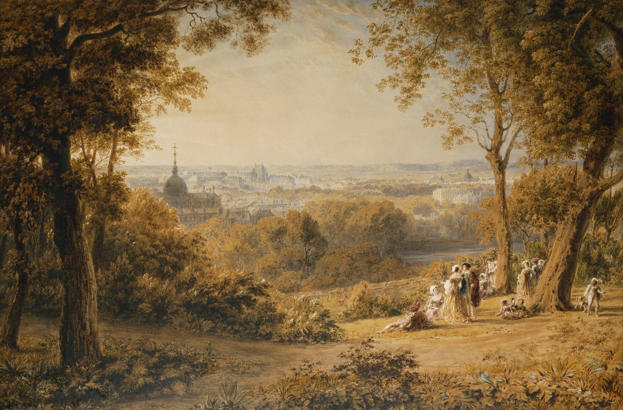 Pohled na Versailles s elegantními postavami v popředí při západu slunce, od George the Younger Barret