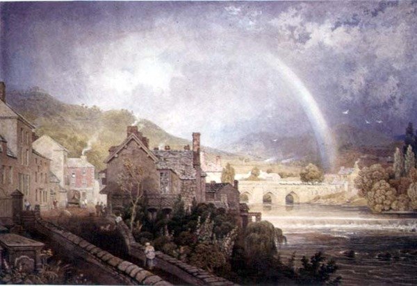 Vesnice a most Llangollen, Severní Wales, s duhovým efektem od George the Younger Barret